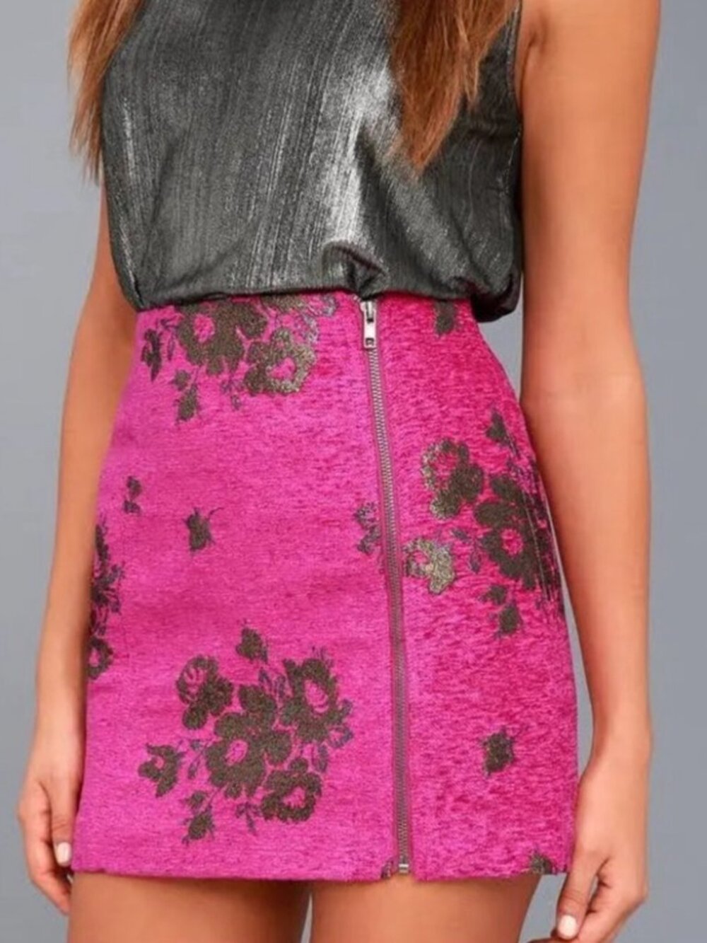 Free People Movin' On Fuchsia Floral Metallic Zip Mini Skirt Womens Size 4